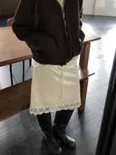 フランス風 シンプルなサテンレース付きハイウエストスカート【春先にぴったり・ゆったりしたストレートデザイン】