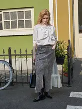 フリル付きストライプ半袖ブラウス【夏用・リボンデザイン・レディース】