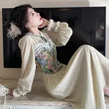 春秋用フレンチスタイルの復古風長袖ドレス【重工デザイン・プリンセスライン・パッチワーク】