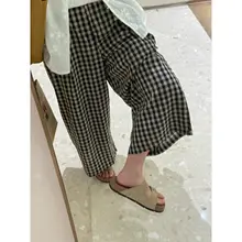 感漂うチェック柄ルーズワイドパンツ【夏用・薄手・麻素材・九分丈】