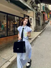 学院風のブルータイシャツとフレアスカート【女性用・高級感・フルスリーブ】（セットアップ対応）