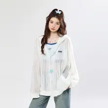 デザイン性あるフード付きニットカーディガン【春夏用・透かし編み・海星モチーフ・日焼け対策】