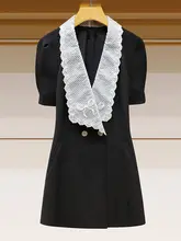レース刺繍の襟付きビジネスワンピース【バイカラー・ウエストマーク・リボンデザイン】