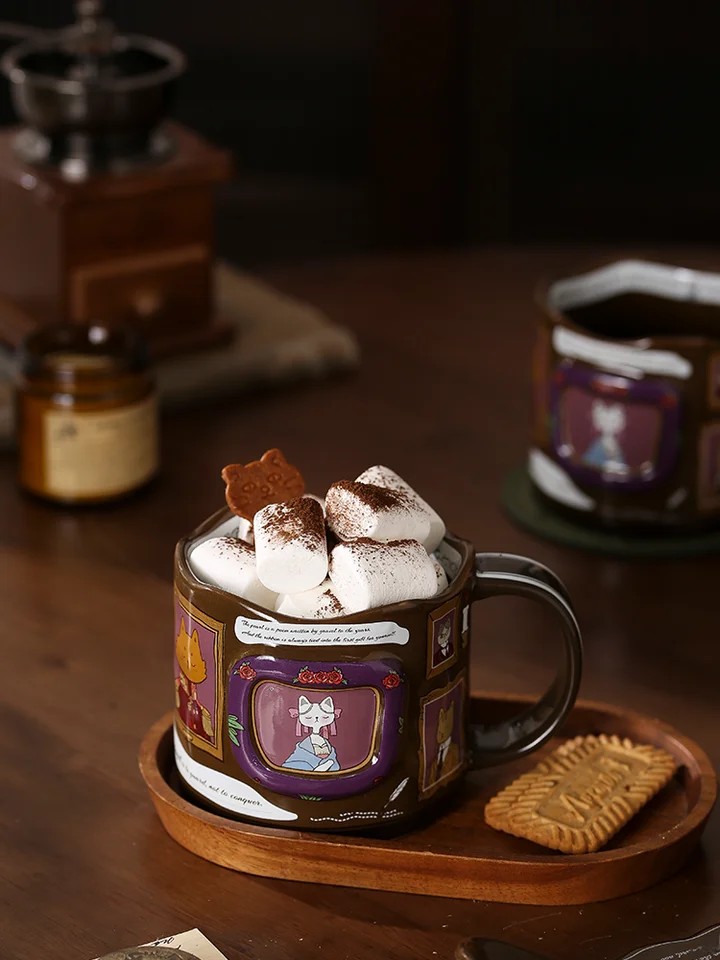 猫のギャラリーのファンタジーストーリー！高品質なレトロデザインのセラミックマグカップ【家庭用・カフェスタイル】