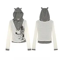 ストライプ柄猫耳フード付き長袖Tシャツ【春用・スリムフィット・メッシュデザイン】（セットアップ対応）