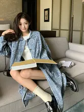 チェック柄デニムロングコート【秋用・ゆったりシルエット・レトロ風】