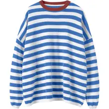 ストライプ デザインのラウンドネック カシミヤニット【ゆったりとしたシルエット・秋冬用・白鹅绒】（セットアップ対応）