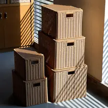 Kens 大きな収納ボックス【プラスチック製・蓋付き・衣類・おもちゃ整理用・ラタン風デザイン】