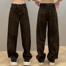 レディース 大きいサイズのレオパード柄ワイドレッグデニムパンツ【薄手・夏用・ストレートフィット】（セットアップ対応）