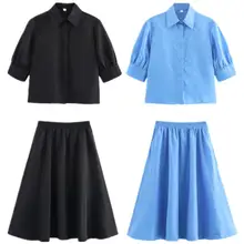 シンプルで合わせやすい半袖カラーシャツとフレアスカート【女性用・春夏向け】（セットアップ対応）