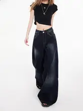 ブルーグレーのワイドレッグデニムパンツ【レトロスタイル・ハイウエスト・フィット】