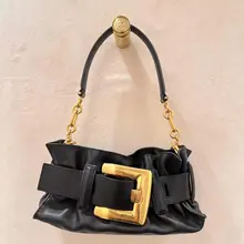 オシャレで多用途！ダークレザーのデザインショルダーバッグ【ベルトバックル・通勤用】