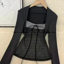 ストライプ柄長袖Tシャツ【リボン付き・フィットデザイン・女性用】（セットアップ対応）