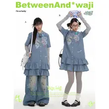 幸運な小鹿柄のチェックシャツとプリントワンピース【重ね着対応】