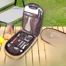 アウトドアキャンプ用調理器具収納バッグ【ステンレス製・持ち運び便利な飲食用具・まな板付き】（セットアップ対応）