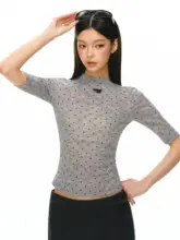 レトロドット柄の透け感のある女性用中袖Tシャツ【夏用・スリムフィット】