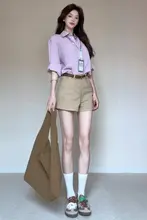 夏用カジュアルカーキデニムショートパンツ【ゆったりしたデザイン・大人っぽい雰囲気】（セットアップ対応）