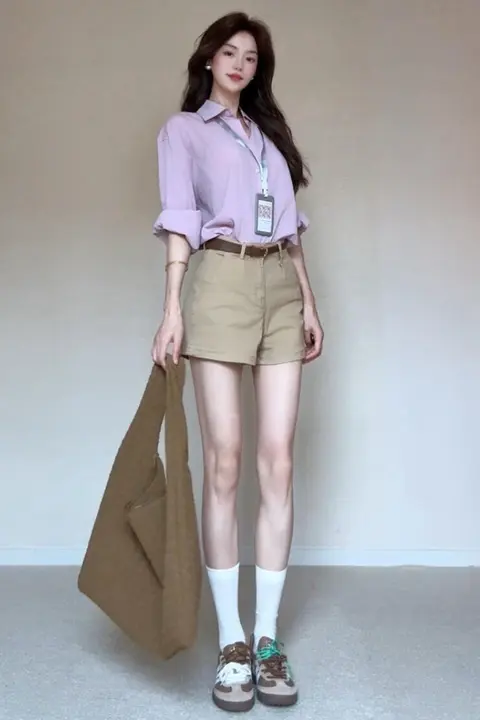夏用カジュアルカーキデニムショートパンツ【ゆったりしたデザイン・大人っぽい雰囲気】（セットアップ対応）