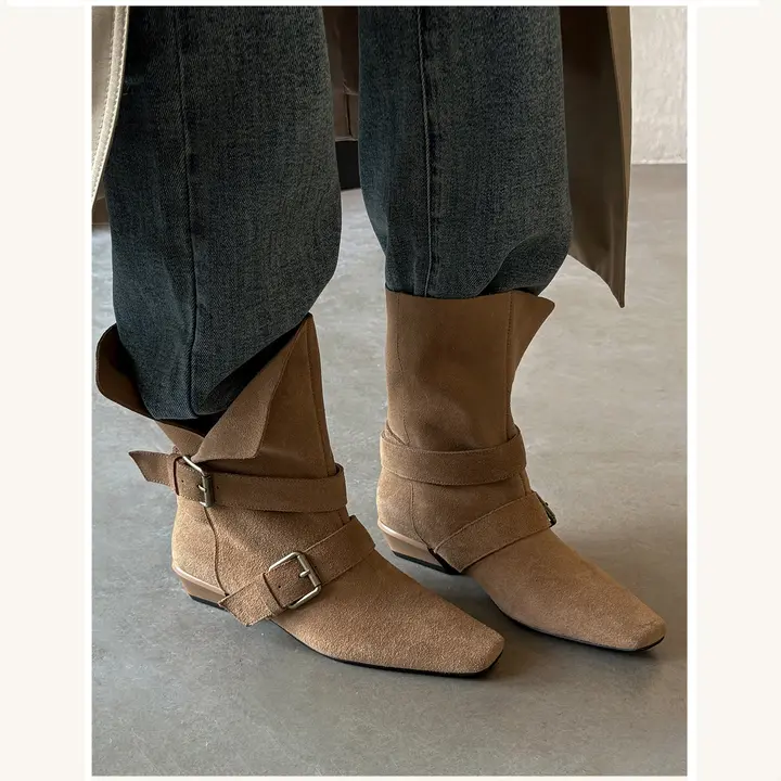 手作りの女性用西部風ブーツ【ベルトバックル・太ヒール・スクエアトゥ・2way】