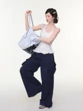 ハイウエストストレートワイドパンツ【ディープブルー・リボン付き・カジュアル】