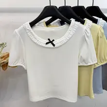 フランス風レトロリボン付きレースバブルスリーブTシャツ【半袖・ゆったりフィット・夏用】