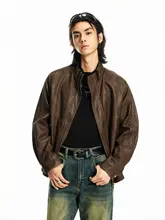 ブラックレザーコート【メンズ・秋冬用・ビンテージ風・ルーズフィット】