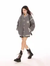 ビンテージ風カラー切替襟付きバ bomberジャケット【秋用・ゆったりシルエット・レディース】