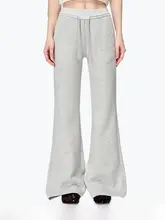 グレー微フレアデザイン休闲パンツ【女性用・フルレングス・幅広シルエット】（セットアップ対応）