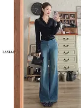 高腰デニムパンツ【四方向ストレッチ・フレア・レトロ・広がりにくいデザイン・春秋用】（セットアップ対応）