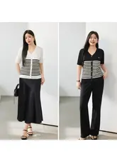 クラシックストライプのVネックニットトップス【大きいサイズ・エレガント・夏用】