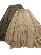 コーヒーカラーの丸首プルオーバー【ランタンスリーブ・コットン・Aラインデザイン】【秋季向け】