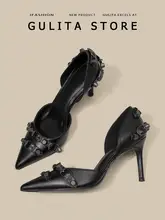 Gulita ブラック ポインテッドトゥ ハイヒール【細ヒール・スタッズデザイン・フランススタイル】
