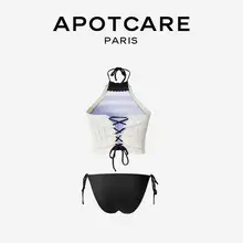 APOTCARE 黒白モノクロ波模様の背中オープンバンド付きスイムウェア【保守的デザイン・女性用】