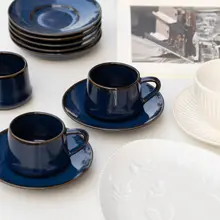 レトロデザインの陶器製ラテカップ【宝石のようなブルー・コーヒーカップと受け皿】
