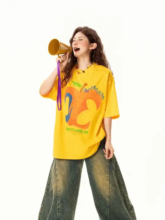 アメリカンビンテージ風 抽象リンゴプリント Tシャツ【夏用・ドロップショルダー・ルーズフィット】