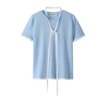 ブルーの短袖Tシャツ【丸首・正肩・ニット】（セットアップ対応）