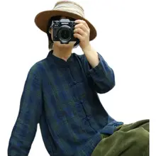 全棉製の復古風中式立襟シャツ【長袖・ボタンデザイン・グリーンチェック】