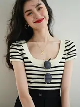 フレンチスタイル ボックスカラー ボーダー Iceシルクニット 半袖Tシャツ【女性用・夏用・フィット・ショート丈】