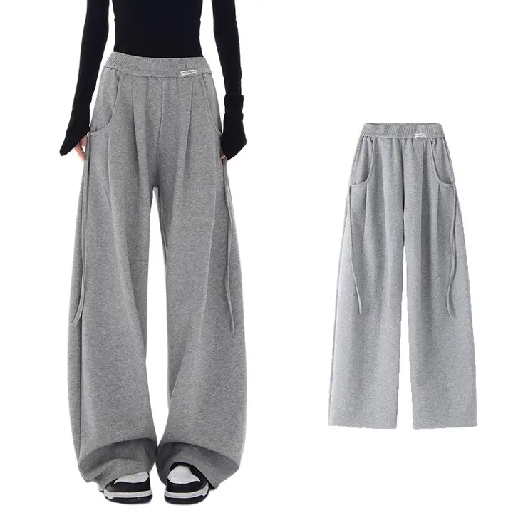グレー アメリカンヴィンテージ スポーツパンツ【高腰・スリム効果・ワイドレッグ・カジュアル】