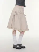 レトロなAラインハイウエストスカート【カキ色・リボン付き・春夏用】