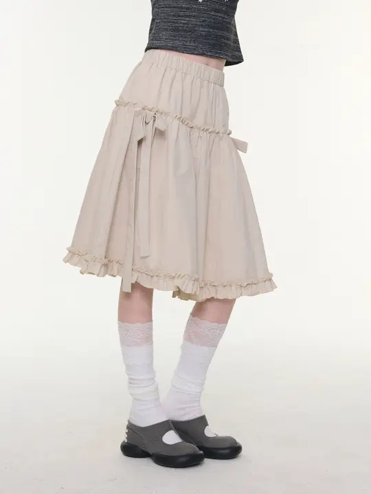 レトロなAラインハイウエストスカート【カキ色・リボン付き・春夏用】