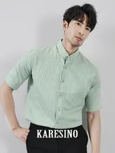 スタンドカラーシャツ メンズ 五分袖 シアーサッカー ストライプ ホワイト ビジネスカジュアル 夏 「KARESINO」
