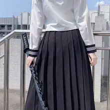 シンプルな色合いの百褶スカート【JK制服風・ロング丈・黒色と紺色】（セットアップ対応）