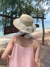 レースとパール付き 蝶結び平顶草帽子【夏用・日焼け防止・ビーチ・旅行用】