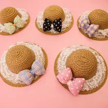 ペット用 春夏向け 草帽【猫・犬用・おしゃれな水玉模様・リボン付き】