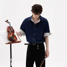 リバーシブルデザインのアイスシルクデニムチェック柄シャツ【夏用・ノーアイロン・抗シワ・ロールアップ袖】