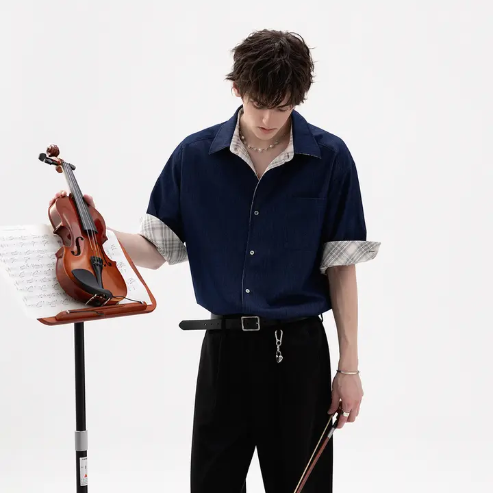 リバーシブルデザインのアイスシルクデニムチェック柄シャツ【夏用・ノーアイロン・抗シワ・ロールアップ袖】