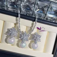 花嫁用華やか雪花デザイン大珠新婦用ネックレス＆イヤリング【ジルコニア装飾・結婚式や日常使いに最適】（セットアップ対応）