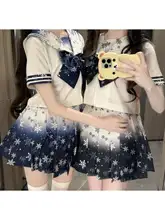 雪の花デザインのセーラー服【ネイビー・JKスタイル・極上の柔らかさ】（セットアップ対応）