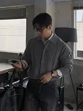 麻のツイストデザインの韓国風翻し襟ニットカーディガン【秋冬用・レトロシンプル】